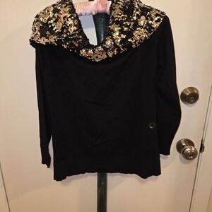 New York & Company Black Sweater with Gold Sequin Cowl